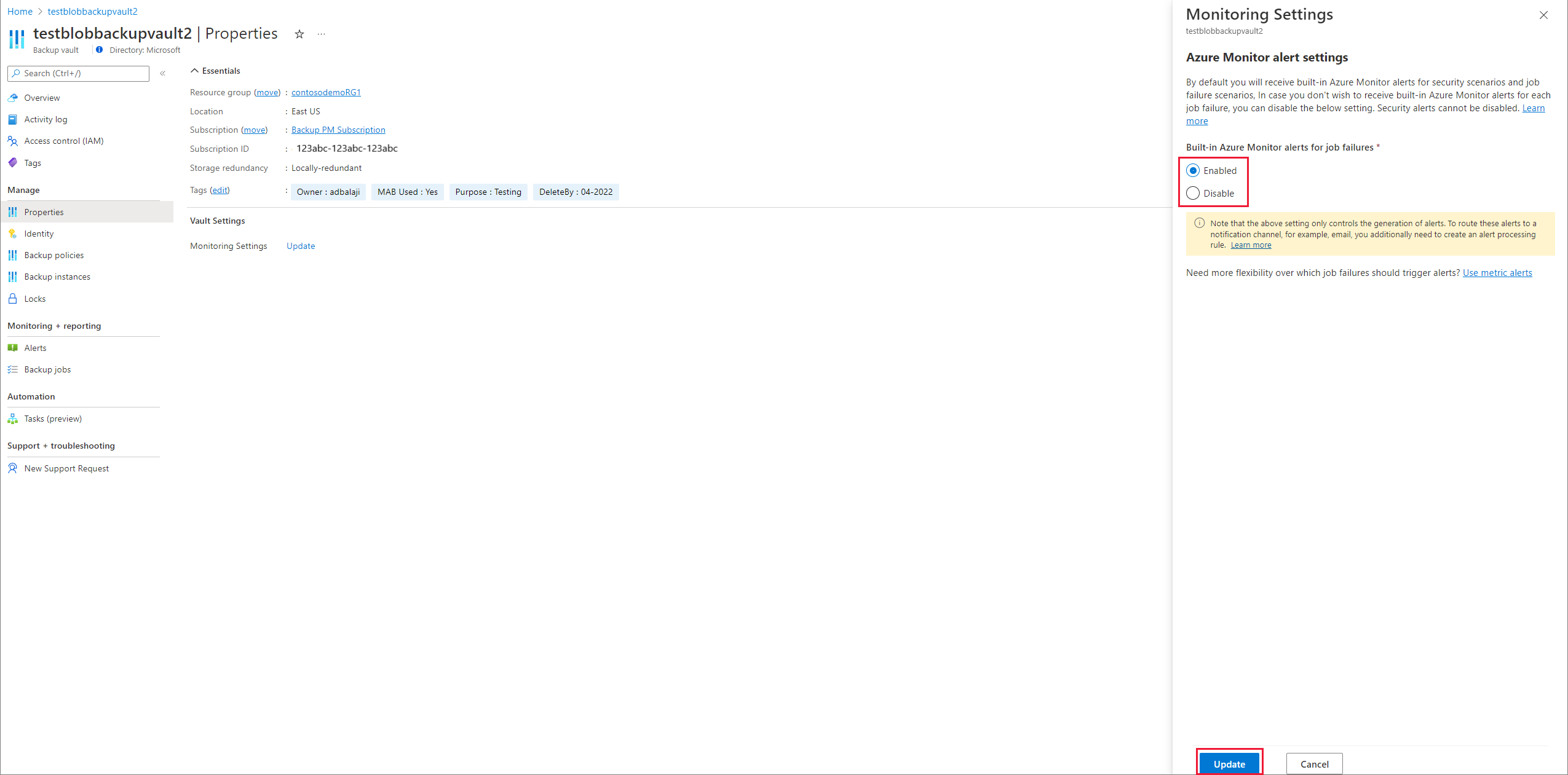 Screenshot for updating Azure Monitor alert settings in backup vault.