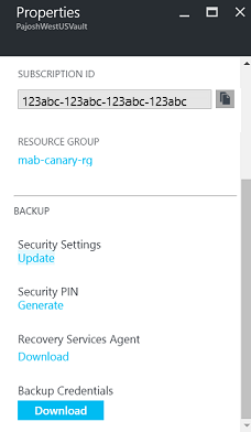 Screenshot of Recovery Services vault properties