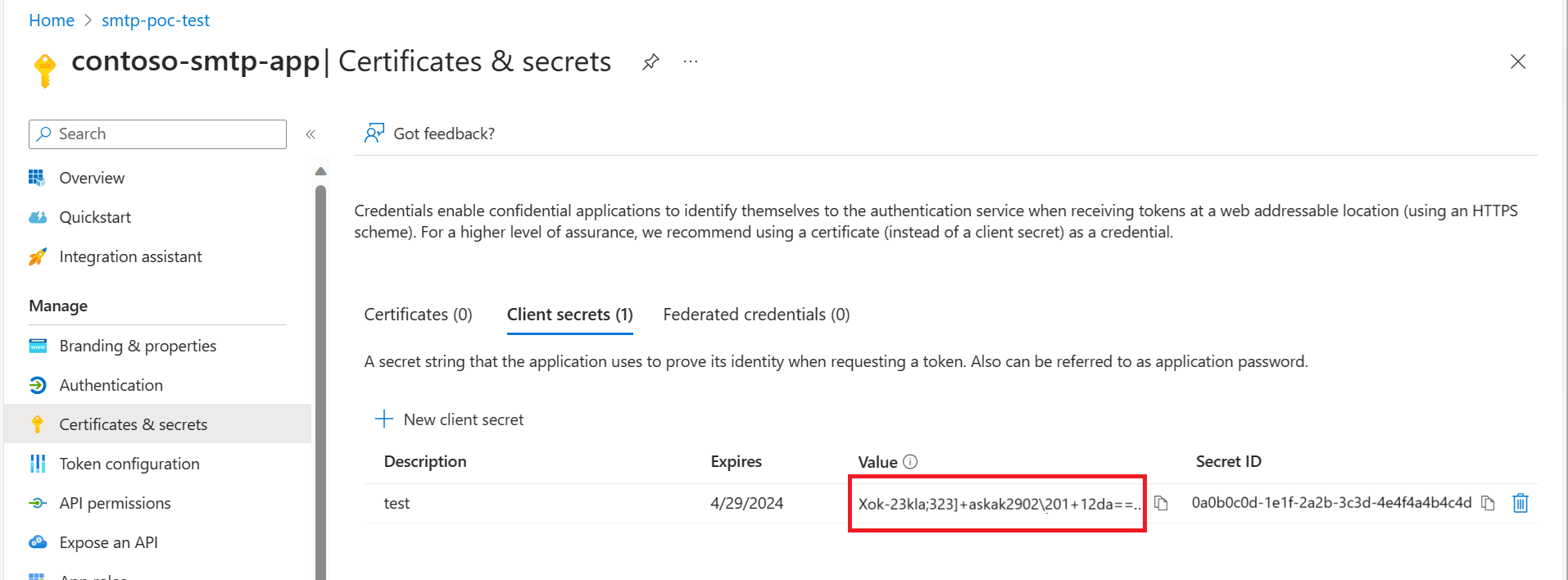 Screenshot that shows finding the Microsoft Entra client secret.