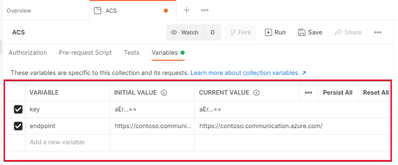 Screenshot that shows Postman with Communication Services collection variables set up correctly.