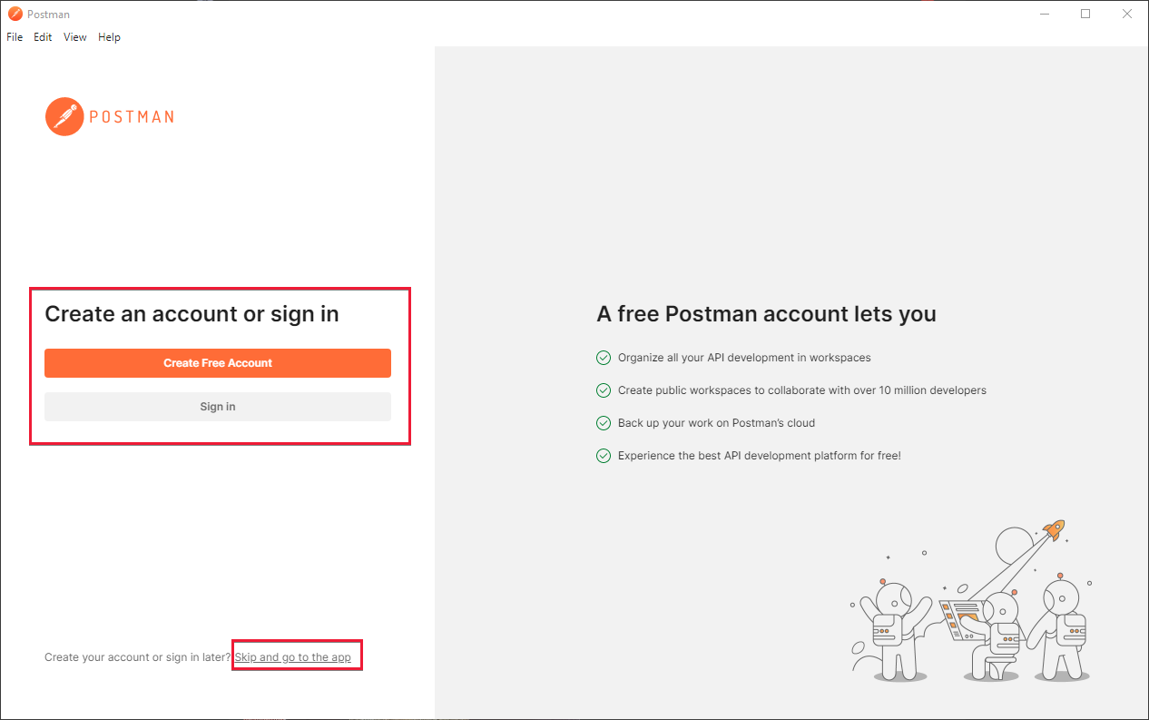 Screenshot that shows the Postman start screen where you can create an account or go directly to the app.