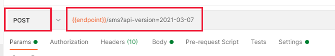 Screenshot that shows a Postman request with the type set to POST and the URL set correctly.