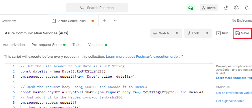 Screenshot that shows the Postman prerequest script Save button.