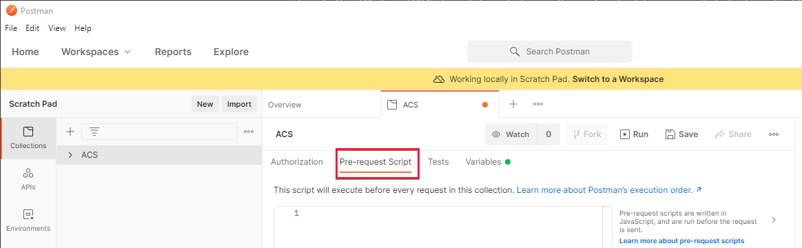 Screenshot that shows Postman with the Communication Services Collections Pre-request Script tab.