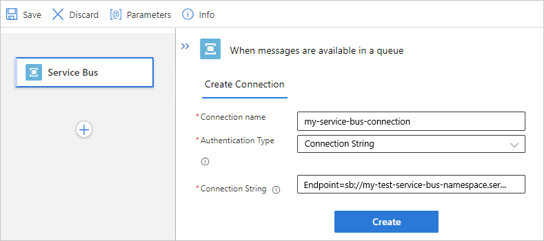 Screenshot showing Standard workflow, Service Bus built-in trigger, and example connection information.