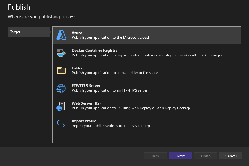 A screenshot showing to publish to Azure.