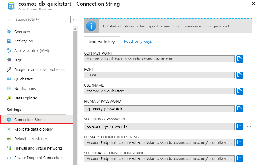 Screenshot showing how to view and copy the CONTACT POINT, USERNAME,and PASSWORD from the Connection String page.