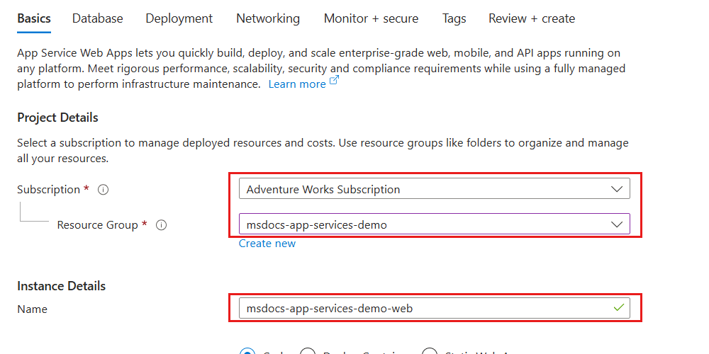 Screenshot of a web app's resource creation 'Basics' pane.