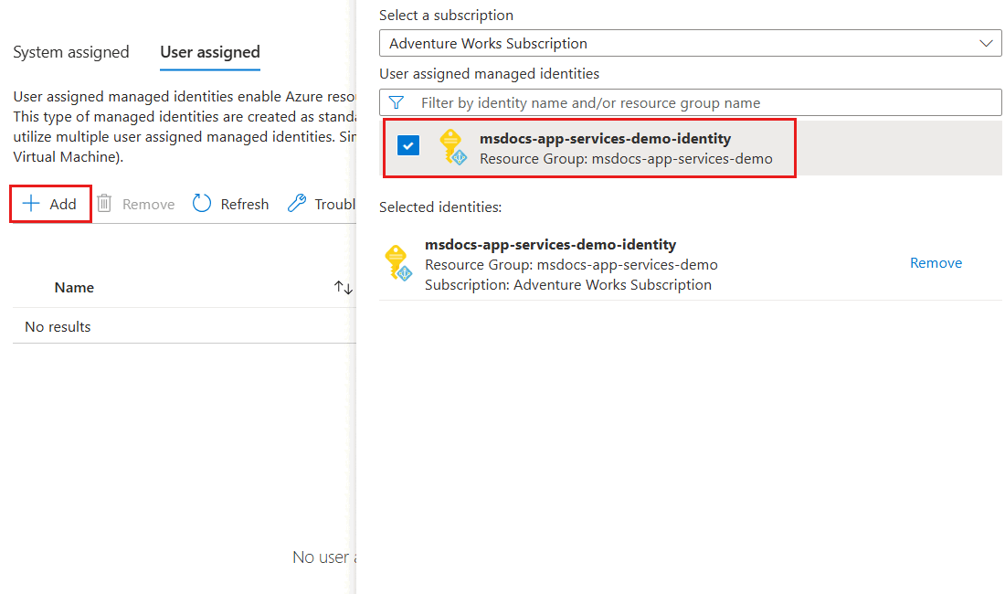 Screenshot of the 'Add' option and the 'Add user assigned managed identity' dialog in the 'Identity' pane for the web app.