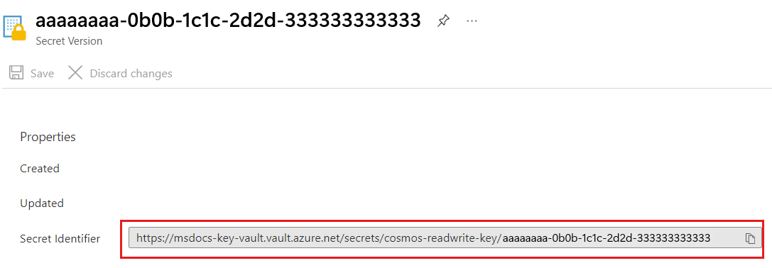 Screenshot of a secret identifier for a key vault secret named cosmos-readwrite-key.