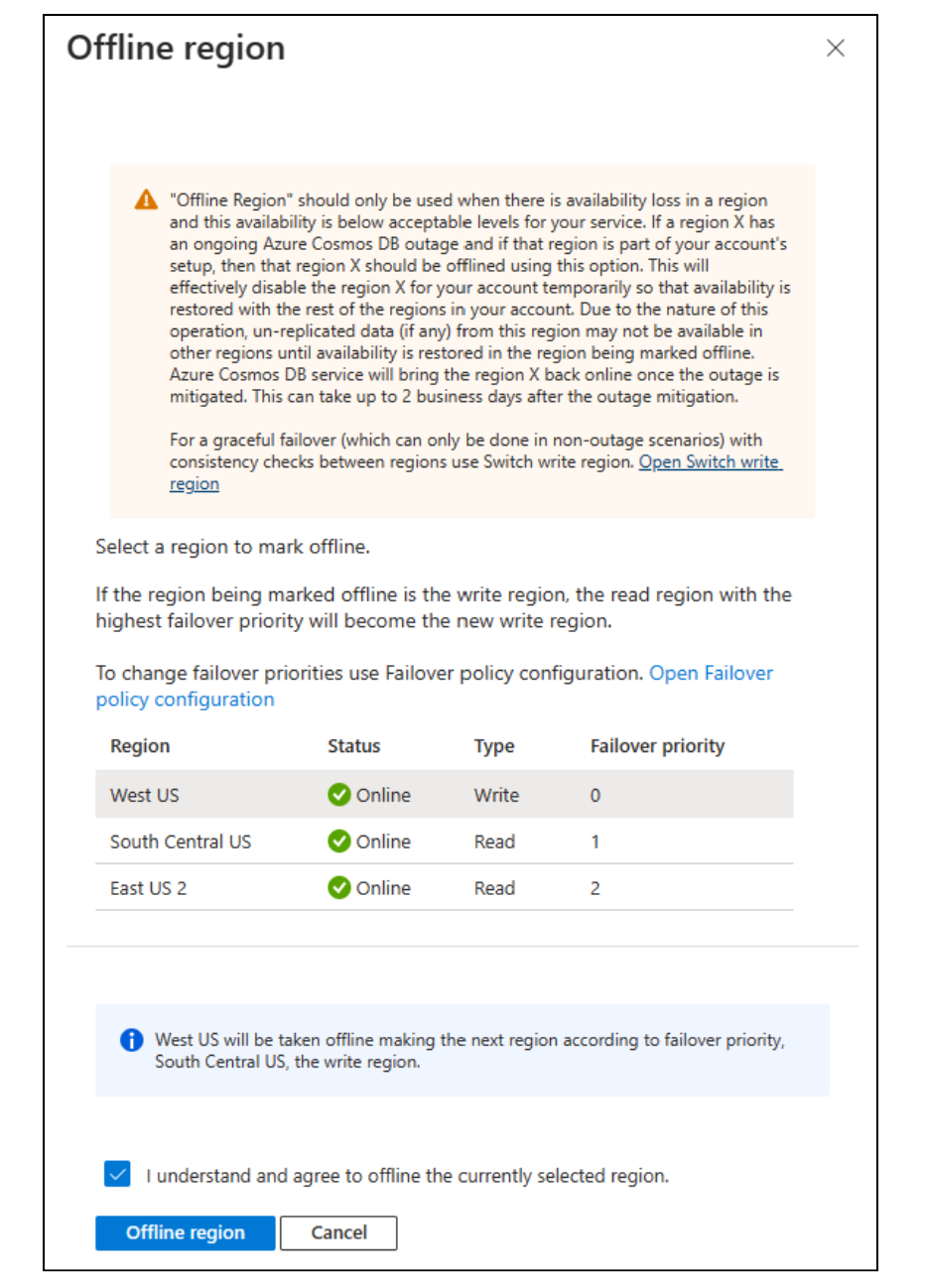 Screenshot that shows the offline region warning.