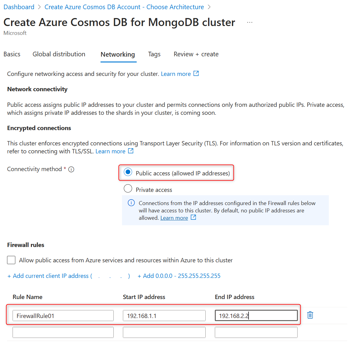 Screenshot of the firewall rule addition during a new Azure Cosmos DB for MongoDB vCore cluster creation.