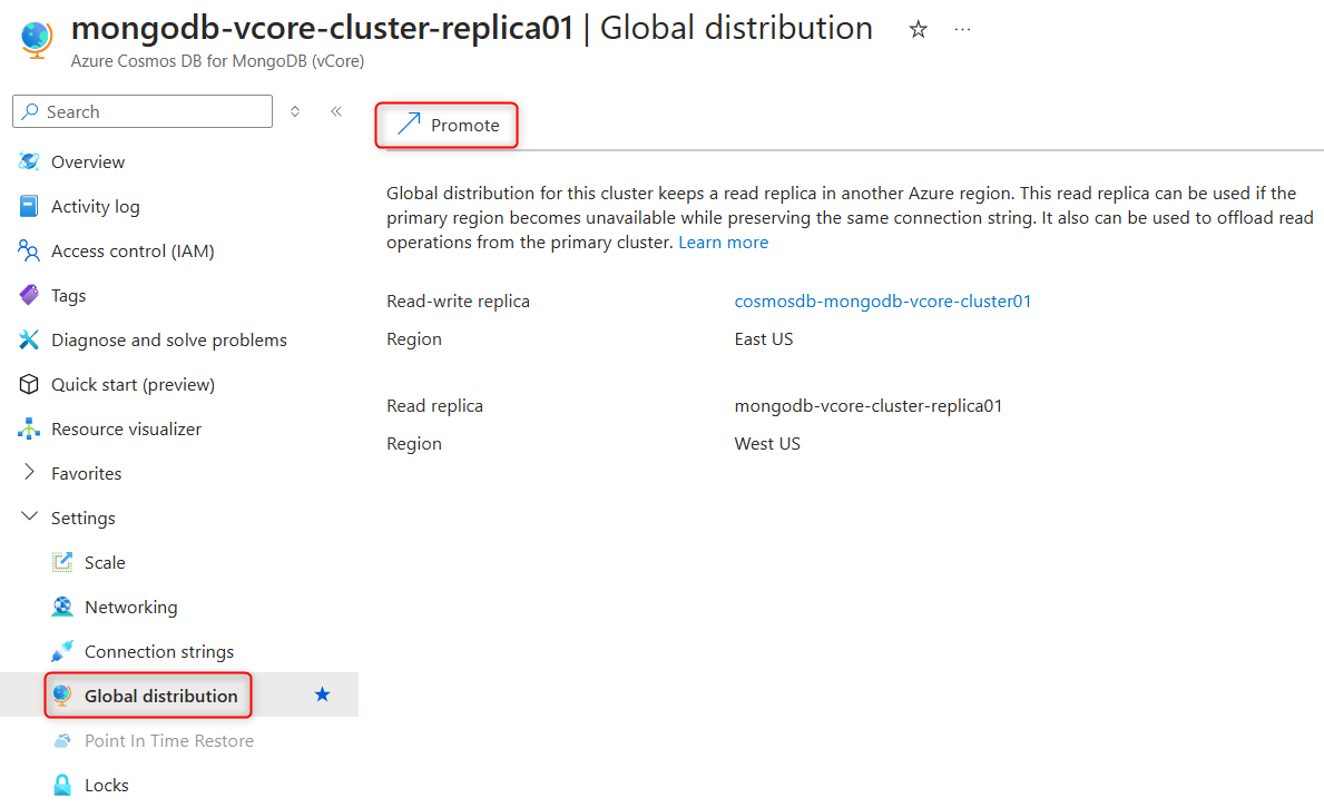 Screenshot of the replica cluster properties with Global distribution page open and Promote button highlighted in Azure portal.