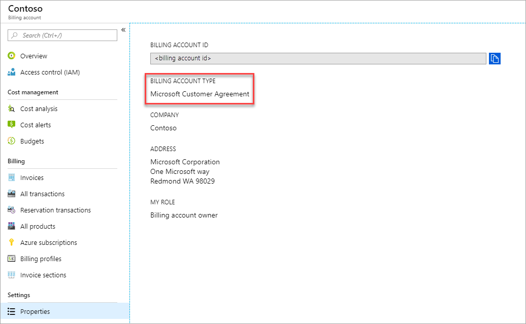 Screenshot showing the Microsoft Customer Agreement properties page.