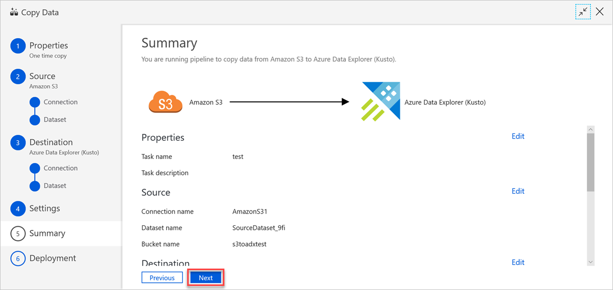 The copy data "Summary" pane