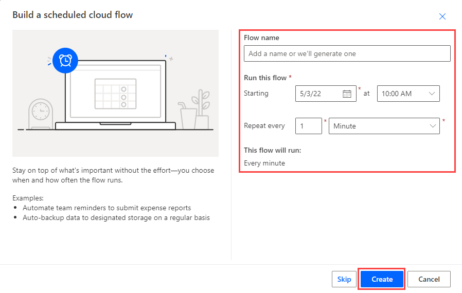 Screenshot of Build a scheduled flow page, showing Flow name options highlighted.