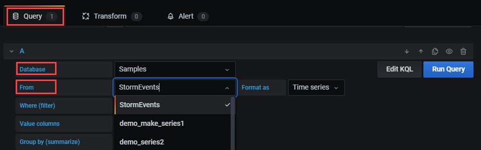 Screenshot of the query builder that shows choosing a table from a list of samples.