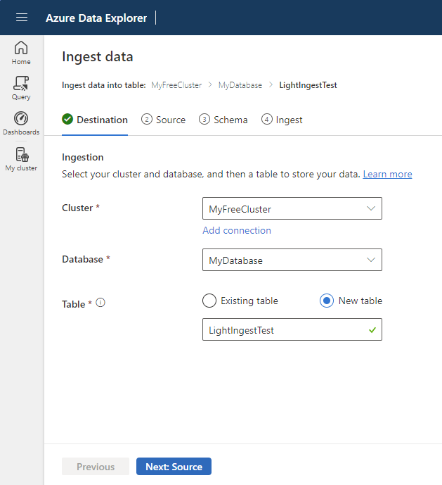 Screenshot of the destination tab showing the destination database and table.