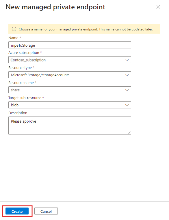 Screenshot of the networking page, showing the second step in the creation of a managed private endpoint.