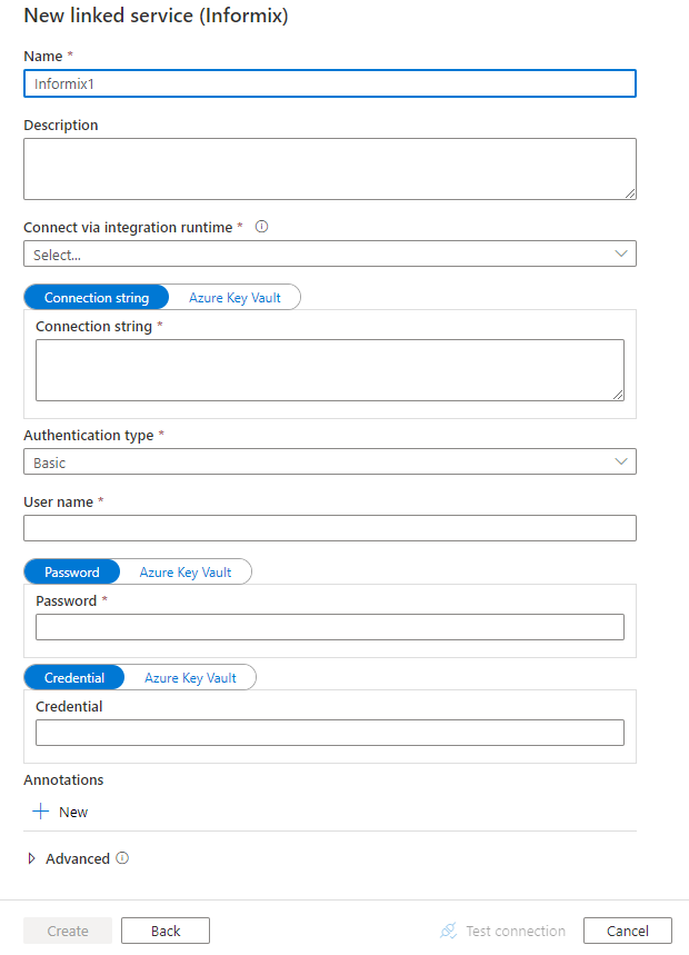 Screenshot of linked service configuration for Informix.