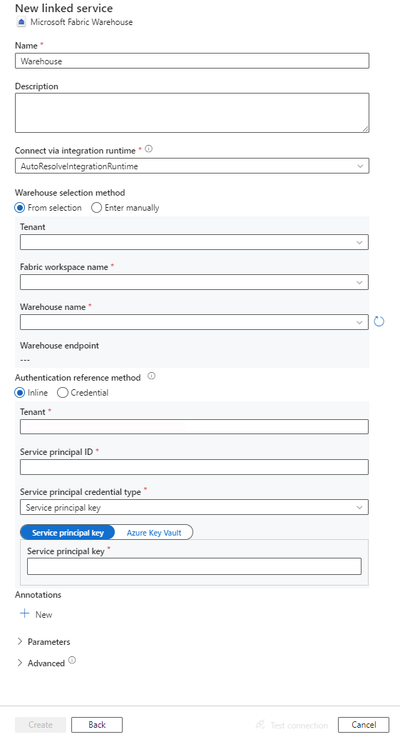 Screenshot of configuration for Microsoft Fabric Warehouse linked service.