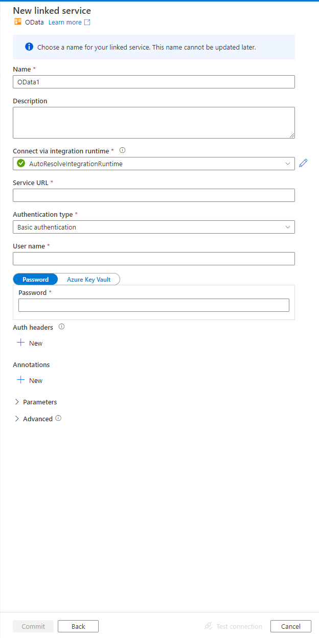 Screenshot of linked service configuration for an OData store.