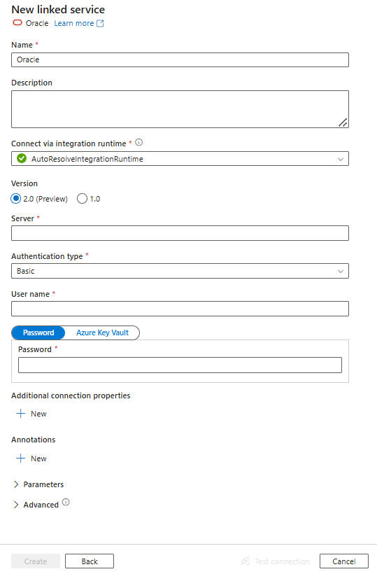 Screenshot of linked service configuration for Oracle.