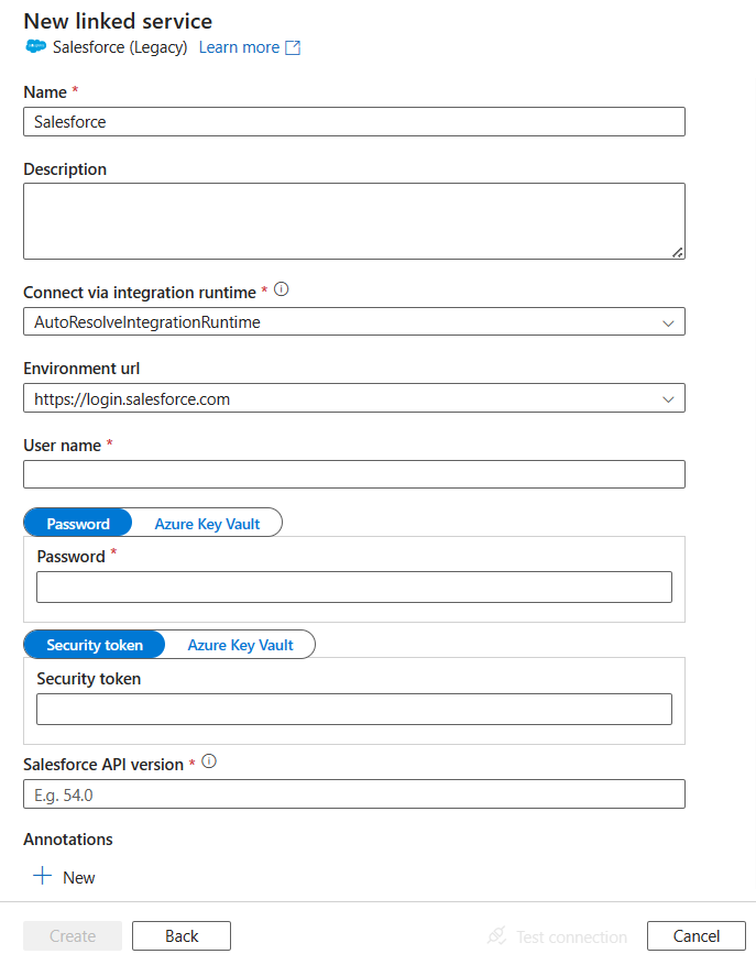 Screenshot of linked service configuration for Salesforce.