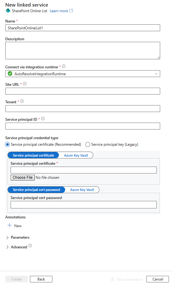 Screenshot of linked service configuration for a SharePoint Online List.