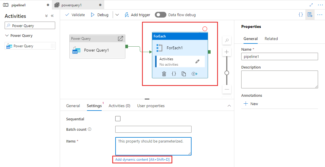 Shows the ForEach Activity's Settings tab with &nbsp;Add dynamic content&nbsp; link for the Items property.