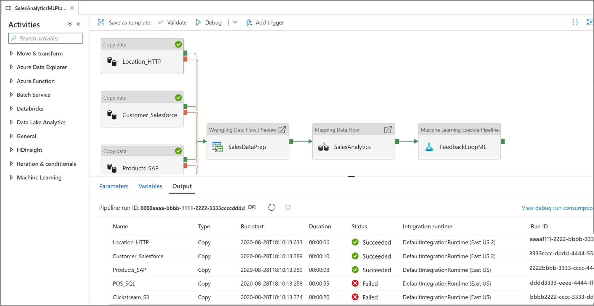 Output window of the pipeline canvas