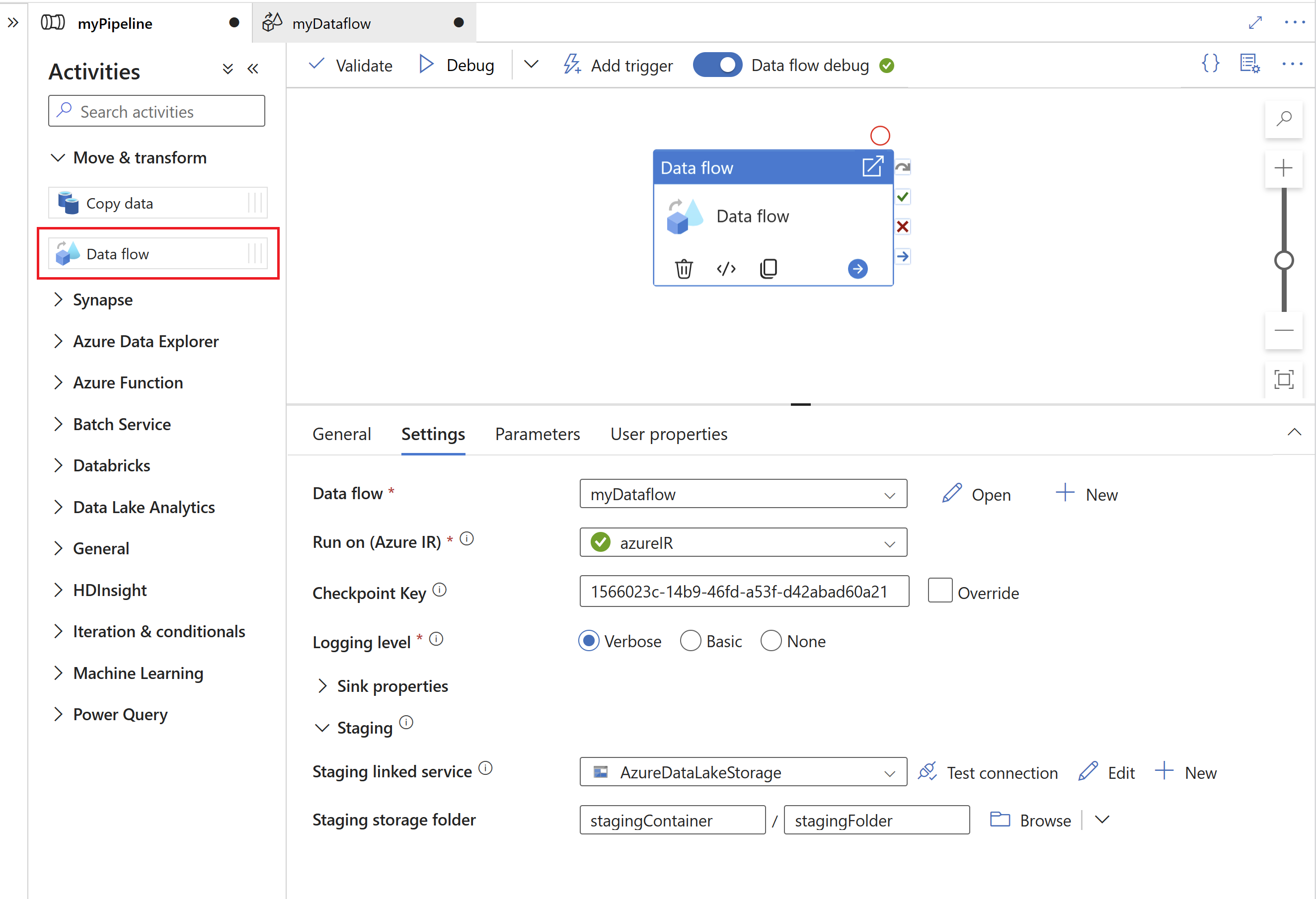 Screenshot of add data flow activity in pipeline.