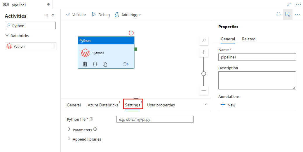 Shows the UI for the Settings tab for a Python activity.