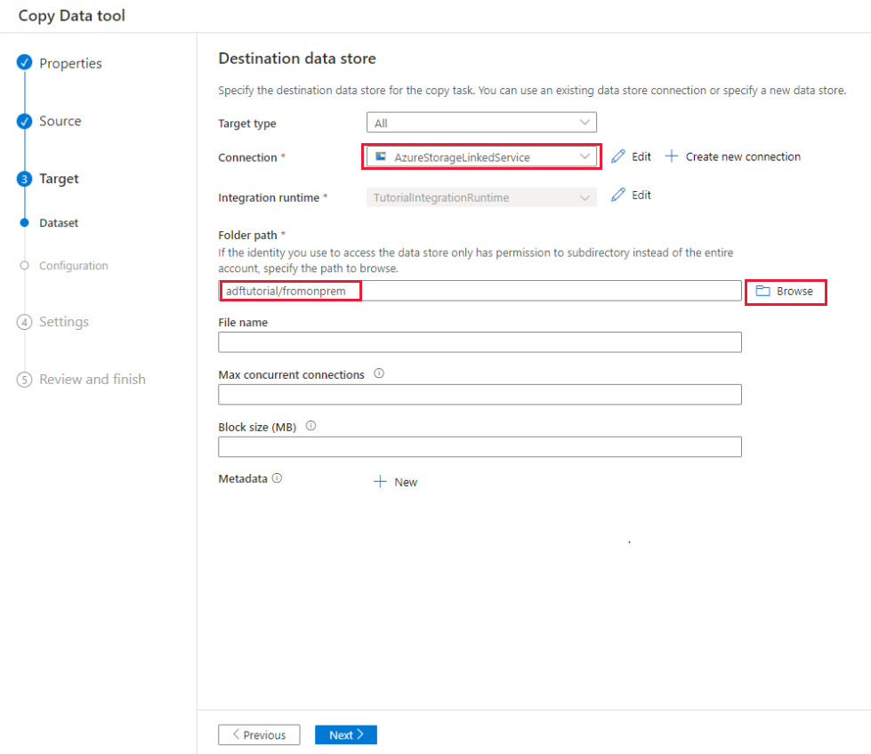 Screenshot that shows the configuration of the 'Destination data store' page.