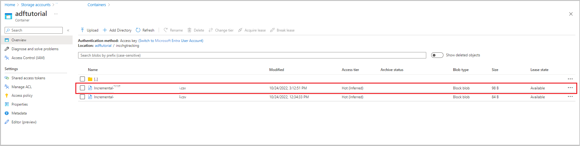 Screenshot that shows the output file from an incremental copy.