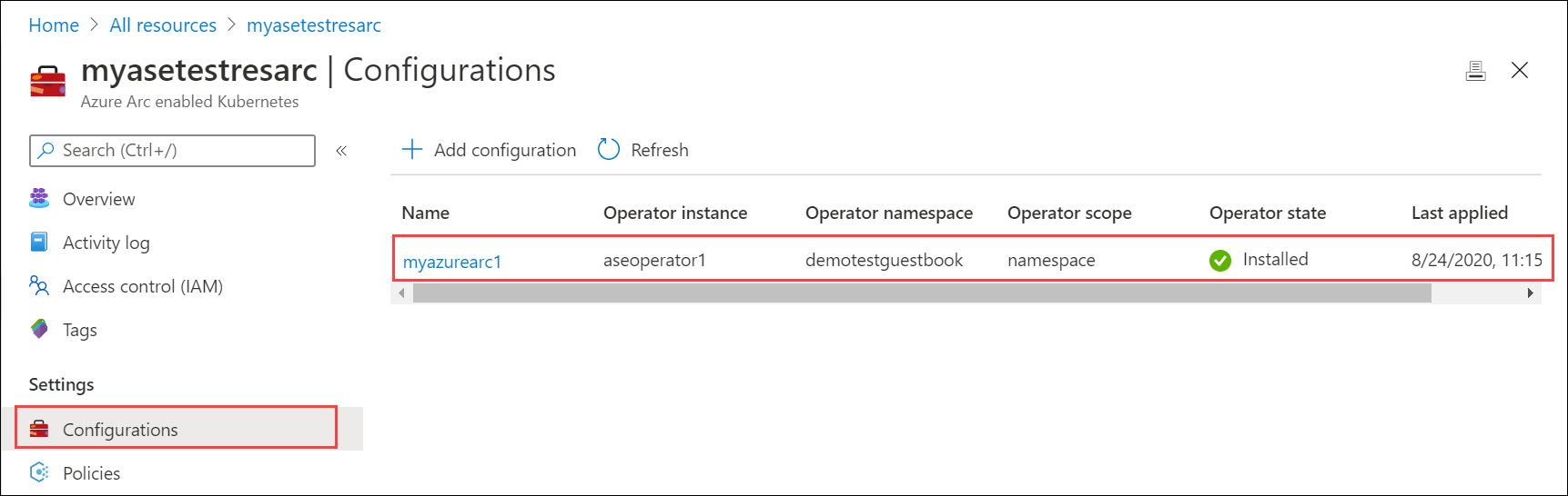 Screenshot shows the Azure Arc-enabled Kubernetes cluster in an installed state.