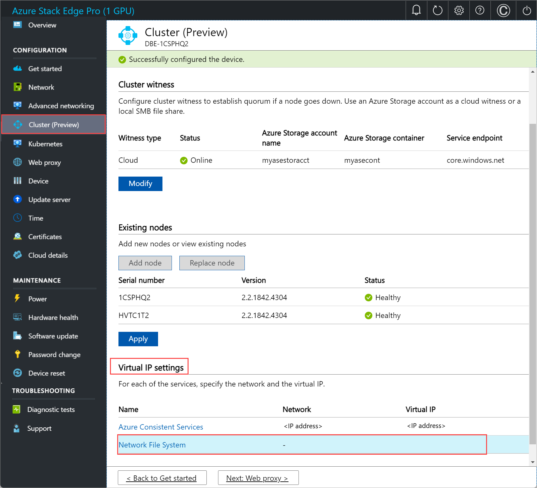 Local web UI "Cluster" page with "Network File System" selected for "Virtual IP Settings" on first node