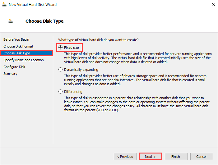 Choose Fixed size as the disk type