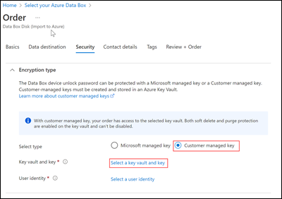 Screenshot of Customer managed key selection.