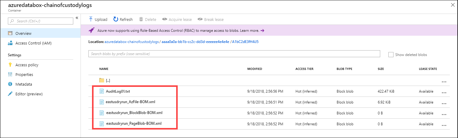 Chain of custody logs for a storage account