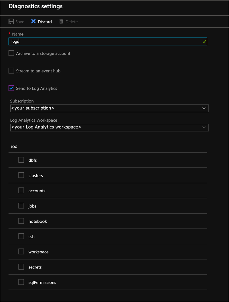 Azure Databricks Diagnostics settings