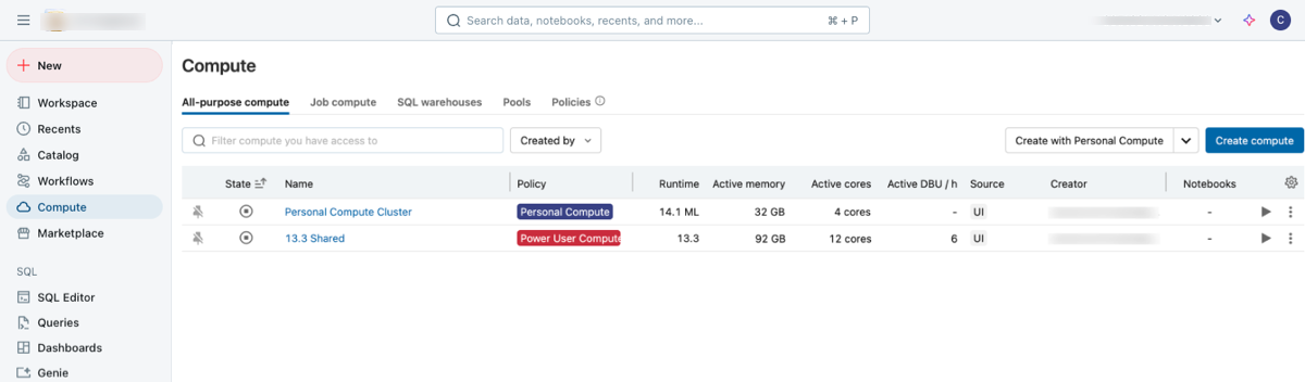 All-purpose compute page in Databricks workspace