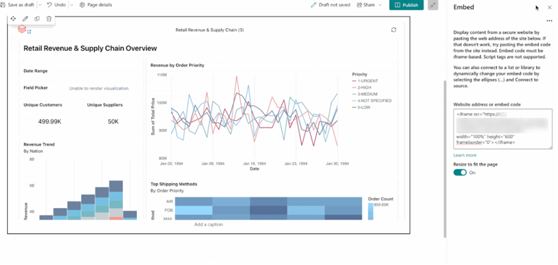 A dashboard embedded in a draft SharePoint page