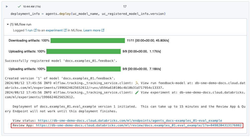 Link to review app from notebook command output.