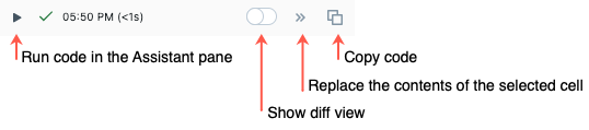 Icons at the top of the code box in the Assistant pane.