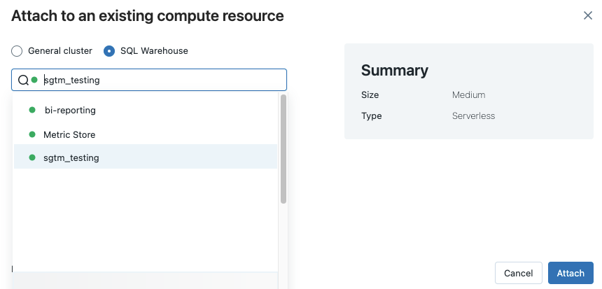 more cluster dialog with SQL warehouse selected