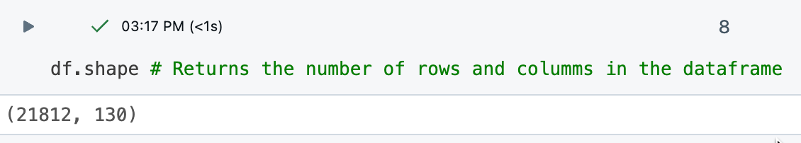 Cell output displaying df.shape.