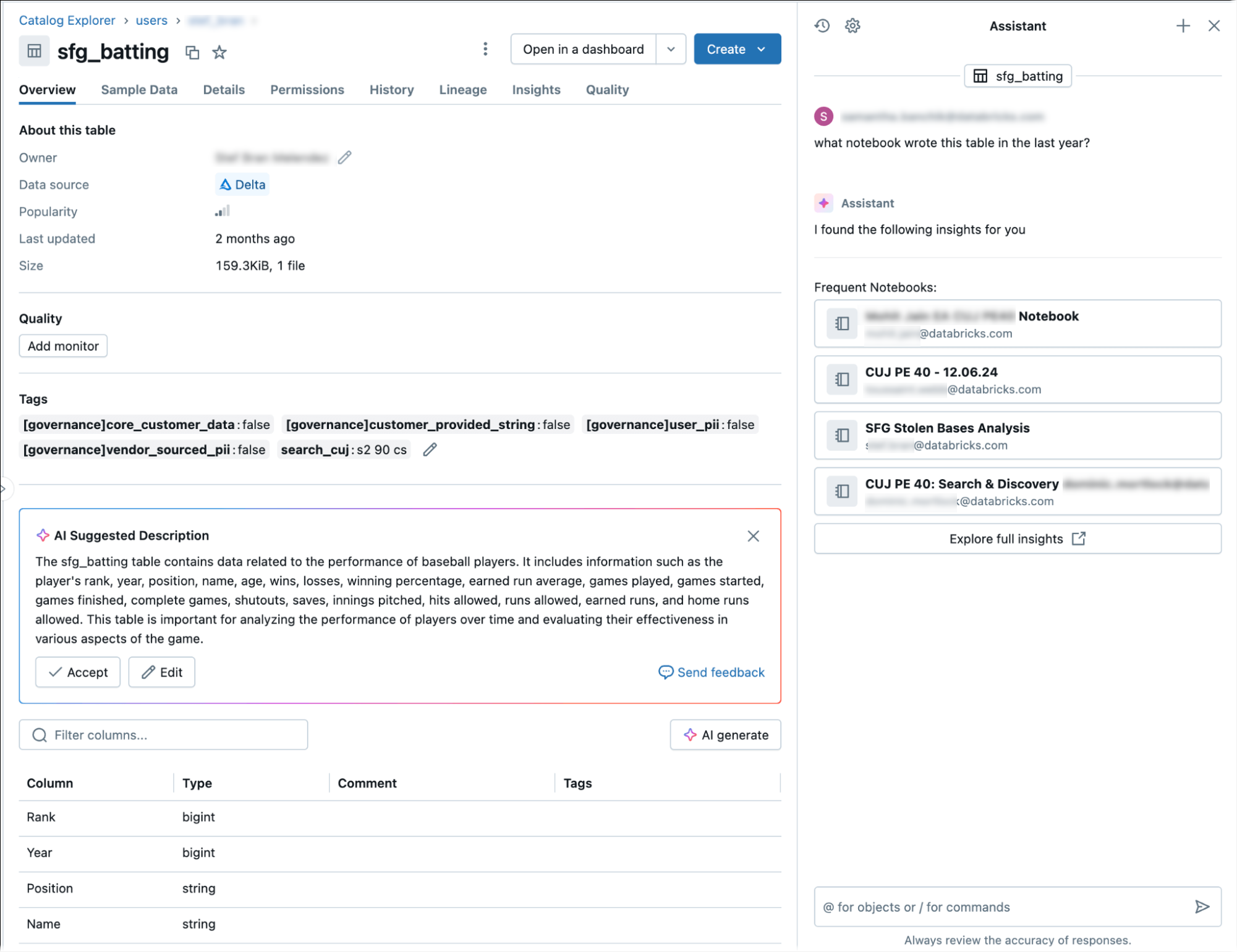 Databricks Assistant provides table lineage and insights.