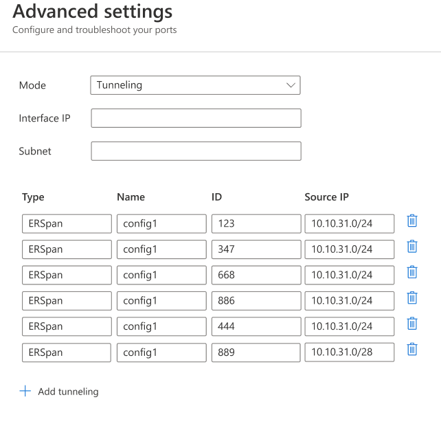 Screenshot of how to configure ERSPAN settings in the OT sensor settings.