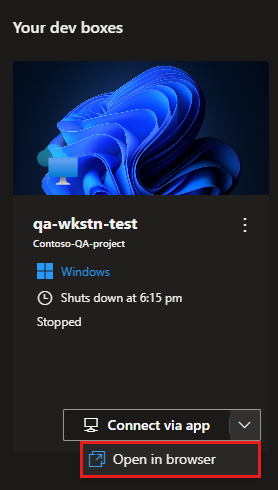Screenshot of dev box card that shows the option for opening in a browser.
